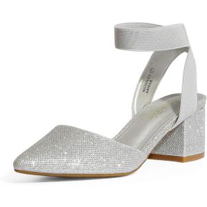 DREAM PAIRS Women’s Nicholes Low Block Heel Pumps(Silver/Glitter)