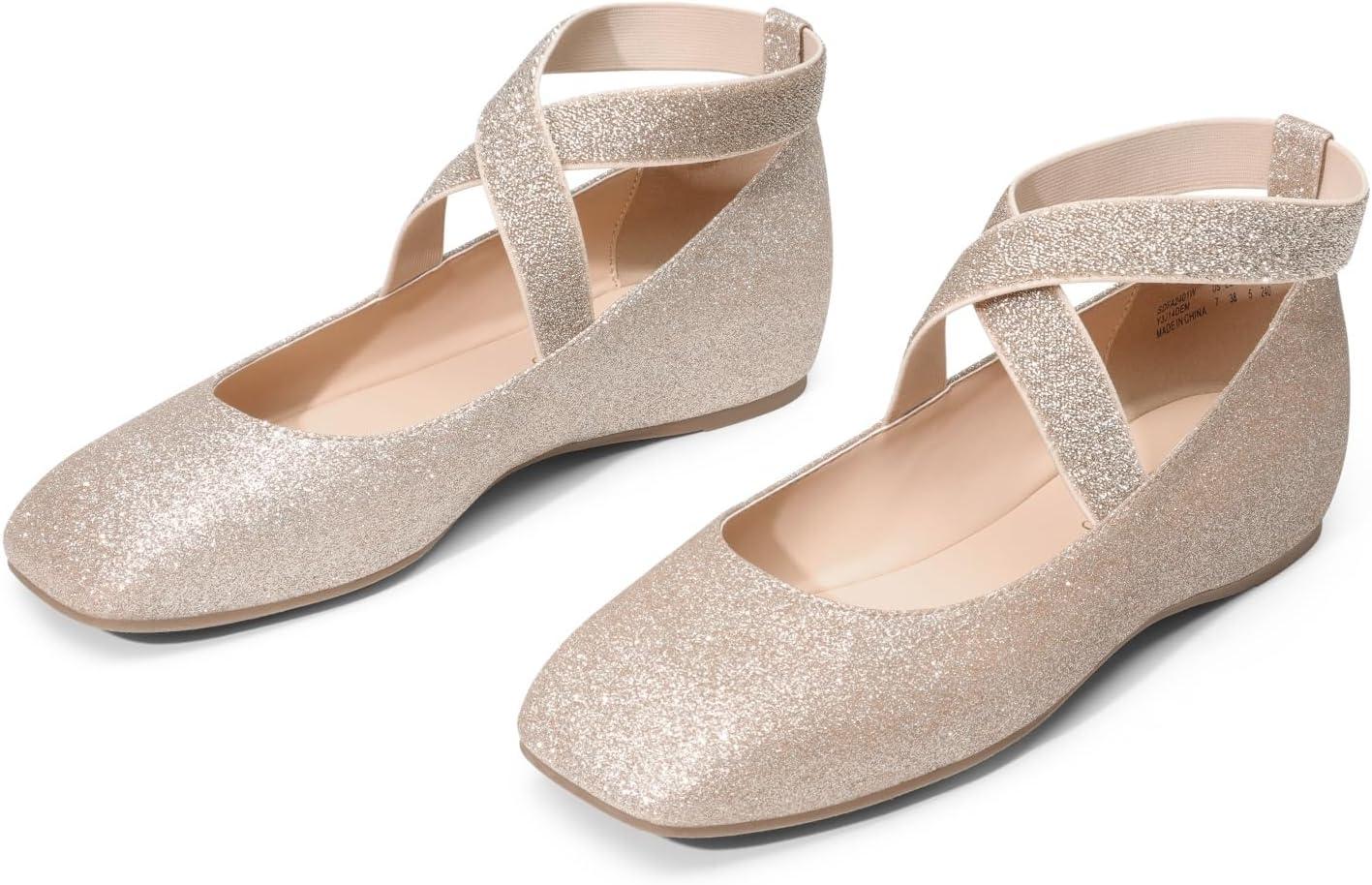 imageDREAM PAIRS Womens Ballet Flats Comfortable SlipOn Square Toe Dress Shoes with Elastic Ankle StrapsGoldglitter