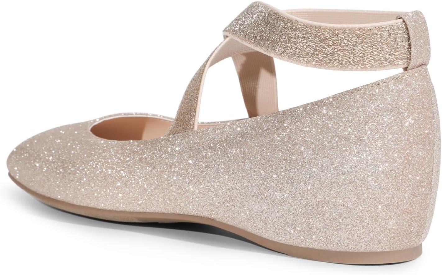 imageDREAM PAIRS Womens Ballet Flats Comfortable SlipOn Square Toe Dress Shoes with Elastic Ankle StrapsGoldglitter