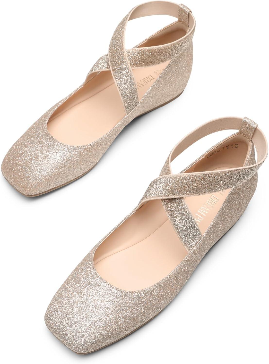 imageDREAM PAIRS Womens Ballet Flats Comfortable SlipOn Square Toe Dress Shoes with Elastic Ankle StrapsGoldglitter