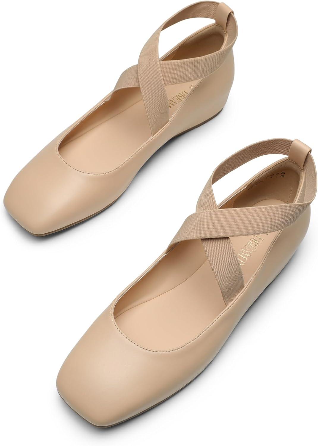 imageDREAM PAIRS Womens Ballet Flats Comfortable SlipOn Square Toe Dress Shoes with Elastic Ankle StrapsNudepu