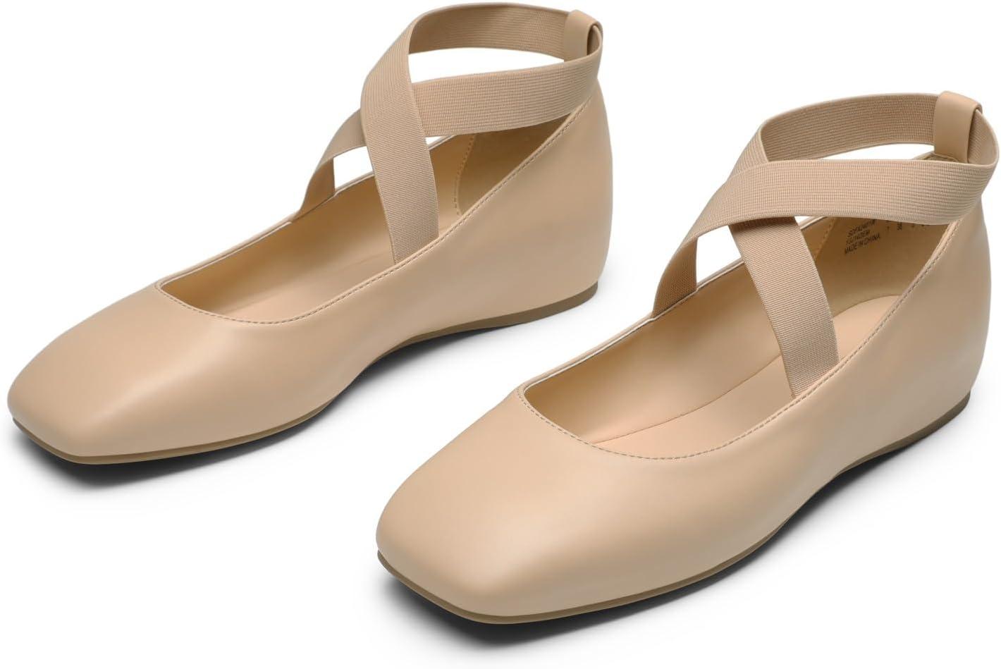 imageDREAM PAIRS Womens Ballet Flats Comfortable SlipOn Square Toe Dress Shoes with Elastic Ankle StrapsNudepu
