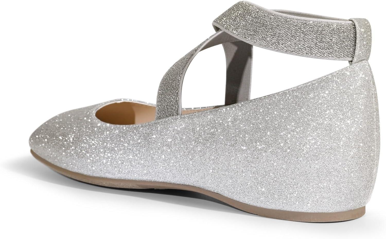 imageDREAM PAIRS Womens Ballet Flats Comfortable SlipOn Square Toe Dress Shoes with Elastic Ankle StrapsSilverglitter