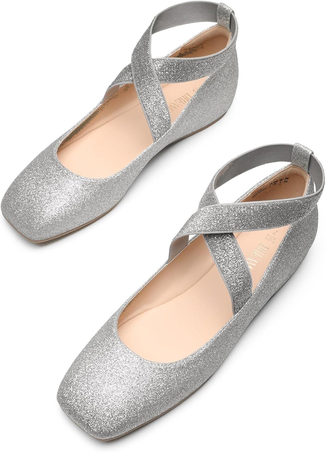 imageDREAM PAIRS Womens Ballet Flats Comfortable SlipOn Square Toe Dress Shoes with Elastic Ankle StrapsSilverglitter