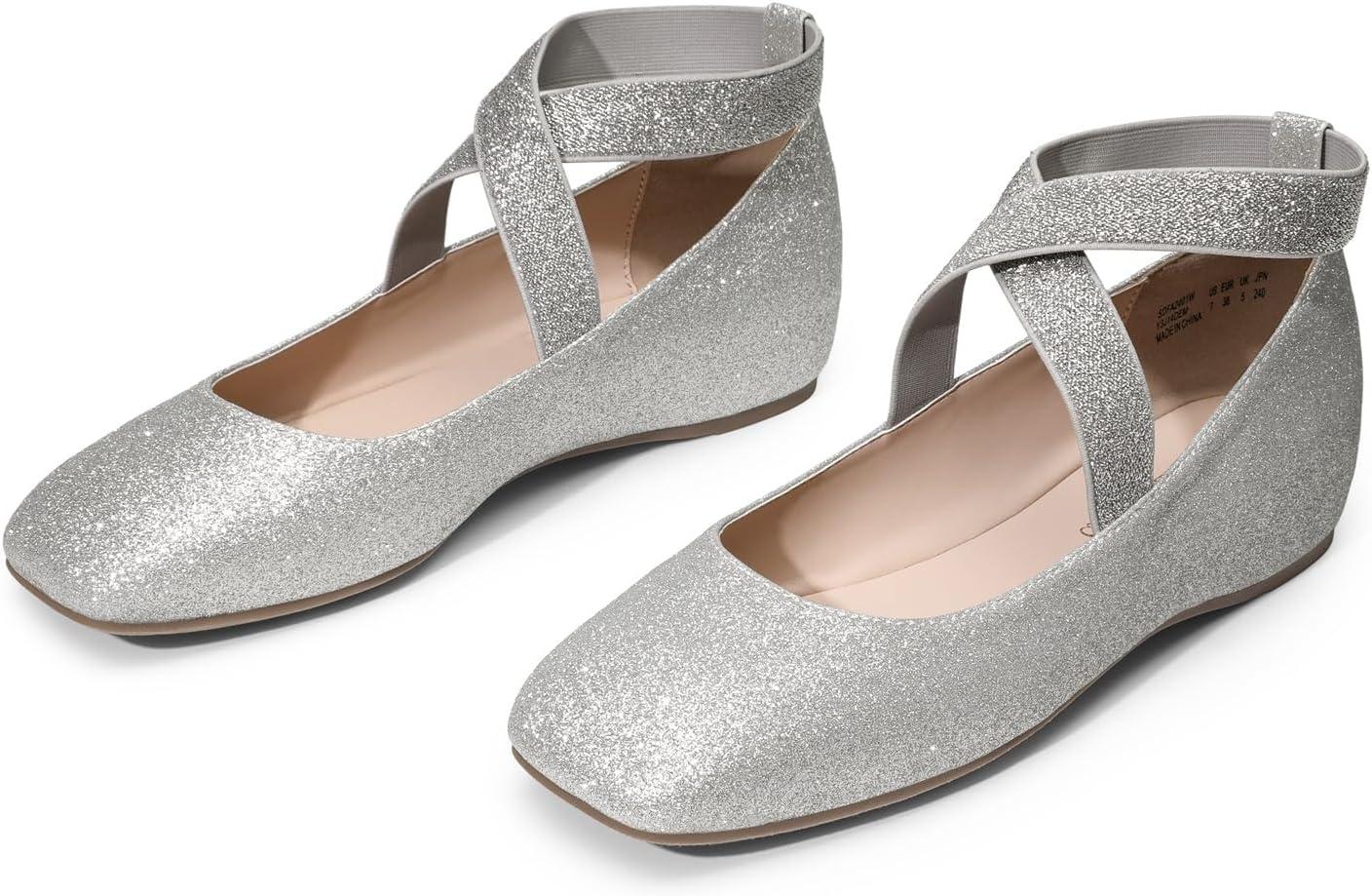 imageDREAM PAIRS Womens Ballet Flats Comfortable SlipOn Square Toe Dress Shoes with Elastic Ankle StrapsSilverglitter