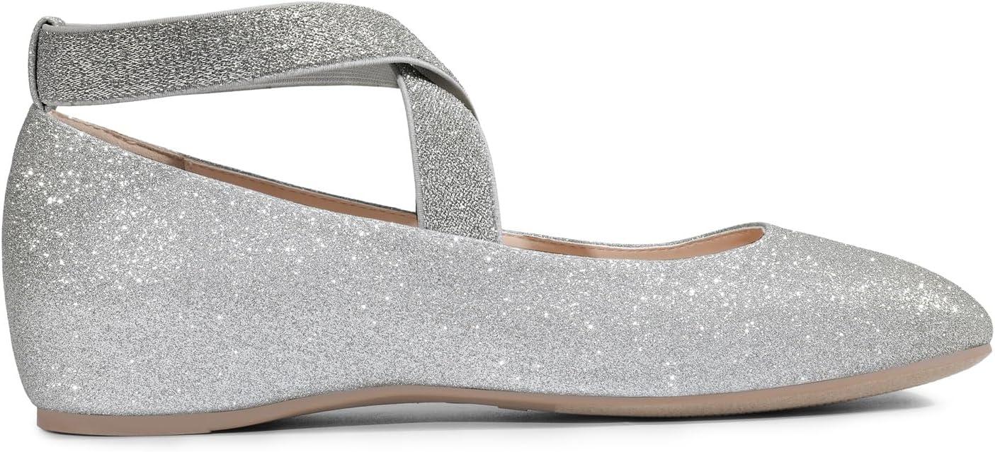 imageDREAM PAIRS Womens Ballet Flats Comfortable SlipOn Square Toe Dress Shoes with Elastic Ankle StrapsSilverglitter