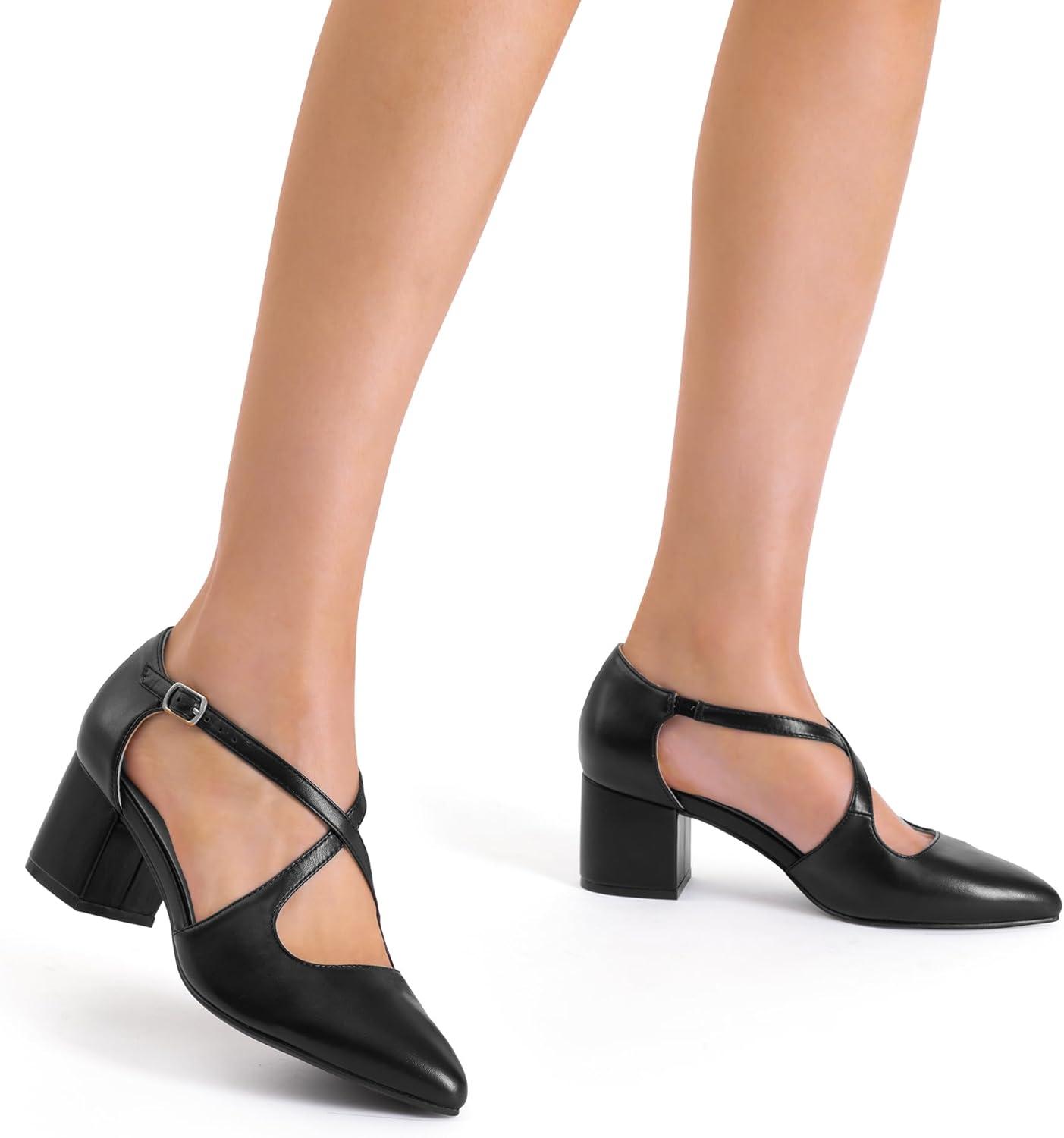 imageDREAM PAIRS Womens Chunky Heels Dress Pumps Closed Pointed Toe Comfort Cross Strap Block Heel Shoes for Party Dance WeddingBlackpu
