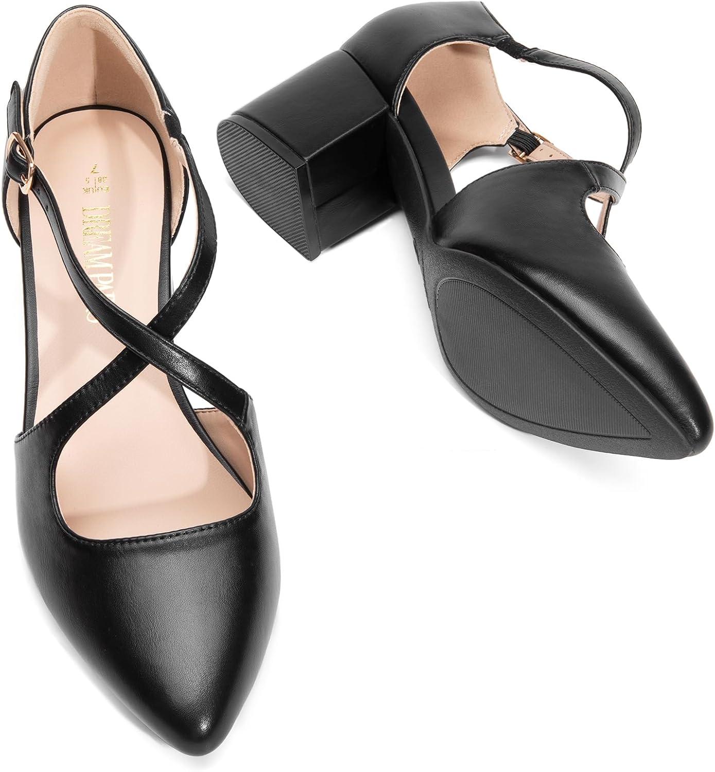imageDREAM PAIRS Womens Chunky Heels Dress Pumps Closed Pointed Toe Comfort Cross Strap Block Heel Shoes for Party Dance WeddingBlackpu