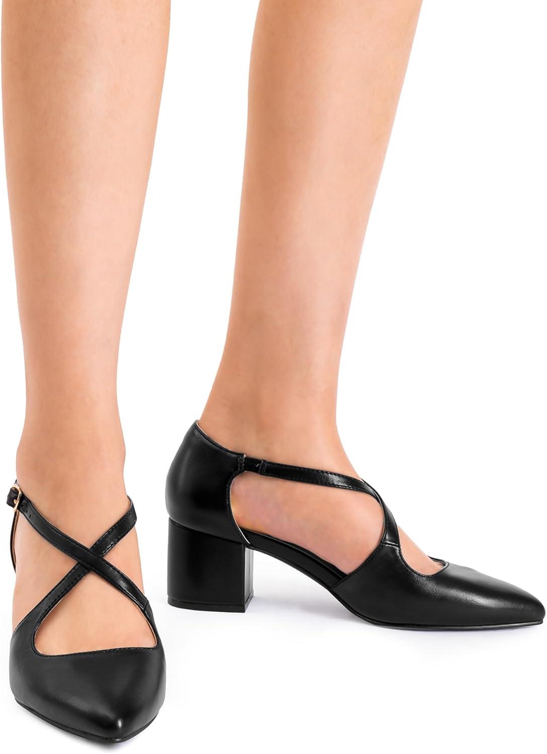 imageDREAM PAIRS Womens Chunky Heels Dress Pumps Closed Pointed Toe Comfort Cross Strap Block Heel Shoes for Party Dance WeddingBlackpu