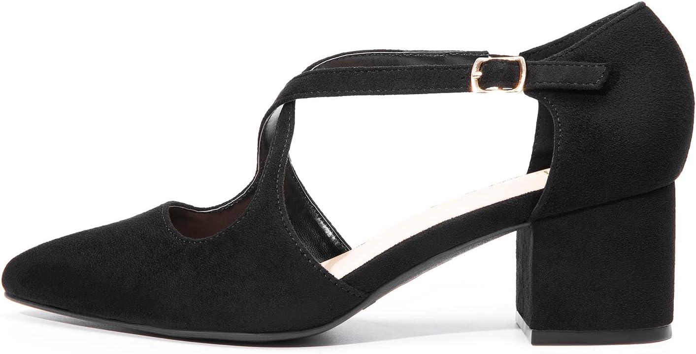 imageDREAM PAIRS Womens Chunky Heels Dress Pumps Closed Pointed Toe Comfort Cross Strap Block Heel Shoes for Party Dance WeddingBlacksuede