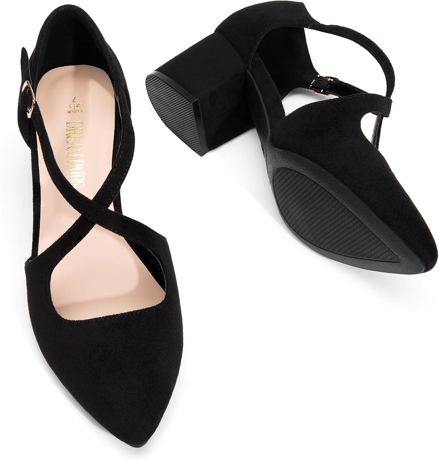 imageDREAM PAIRS Womens Chunky Heels Dress Pumps Closed Pointed Toe Comfort Cross Strap Block Heel Shoes for Party Dance WeddingBlacksuede