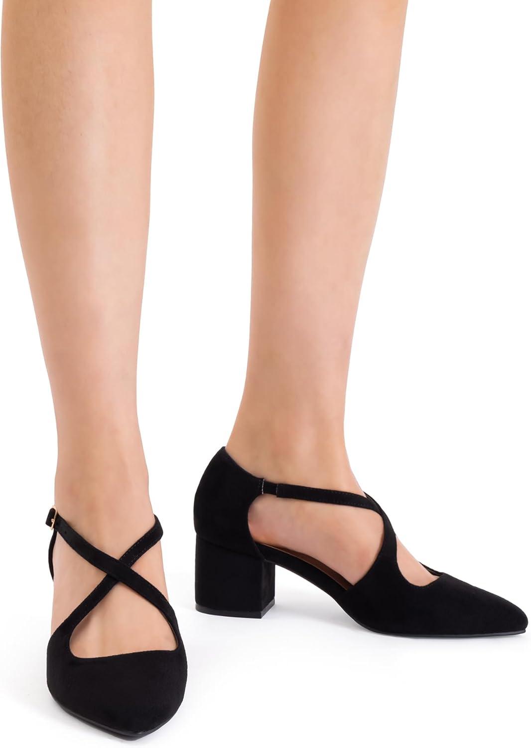 imageDREAM PAIRS Womens Chunky Heels Dress Pumps Closed Pointed Toe Comfort Cross Strap Block Heel Shoes for Party Dance WeddingBlacksuede