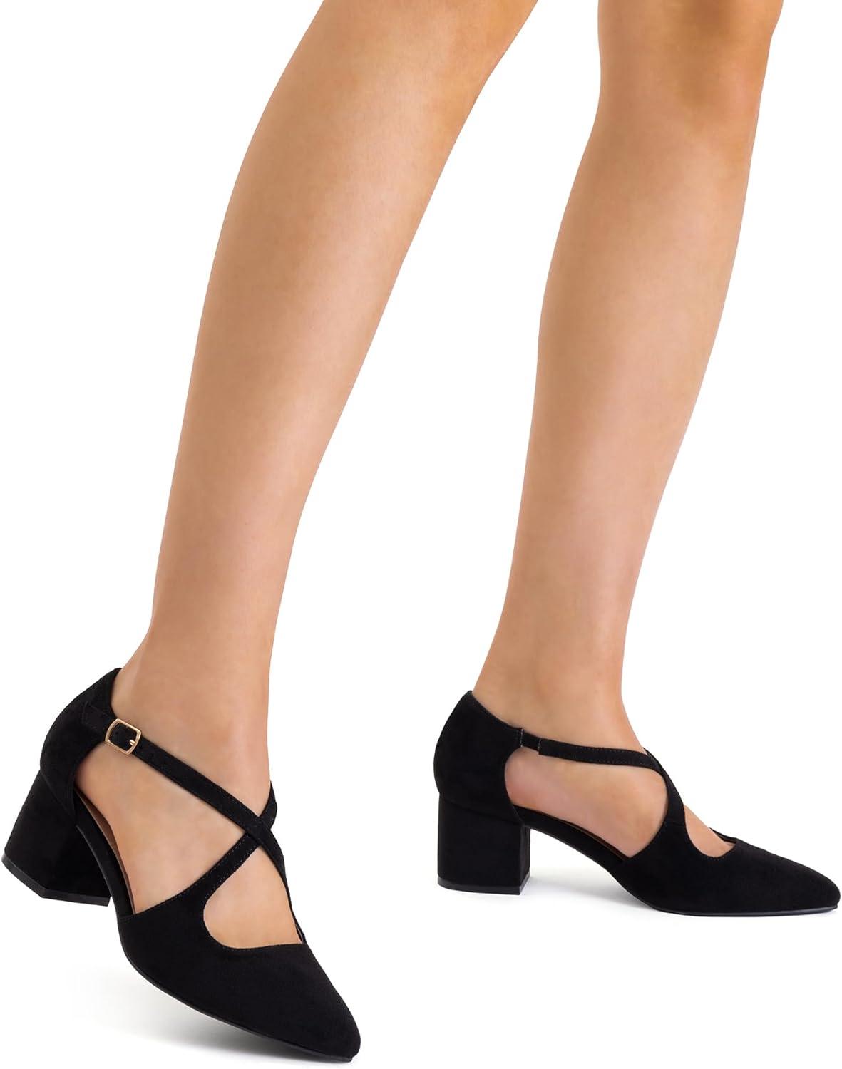 imageDREAM PAIRS Womens Chunky Heels Dress Pumps Closed Pointed Toe Comfort Cross Strap Block Heel Shoes for Party Dance WeddingBlacksuede