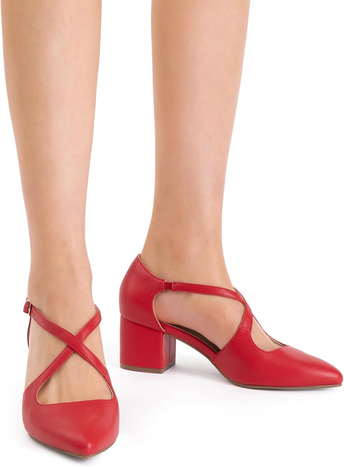 imageDREAM PAIRS Womens Chunky Heels Dress Pumps Closed Pointed Toe Comfort Cross Strap Block Heel Shoes for Party Dance WeddingRedpu