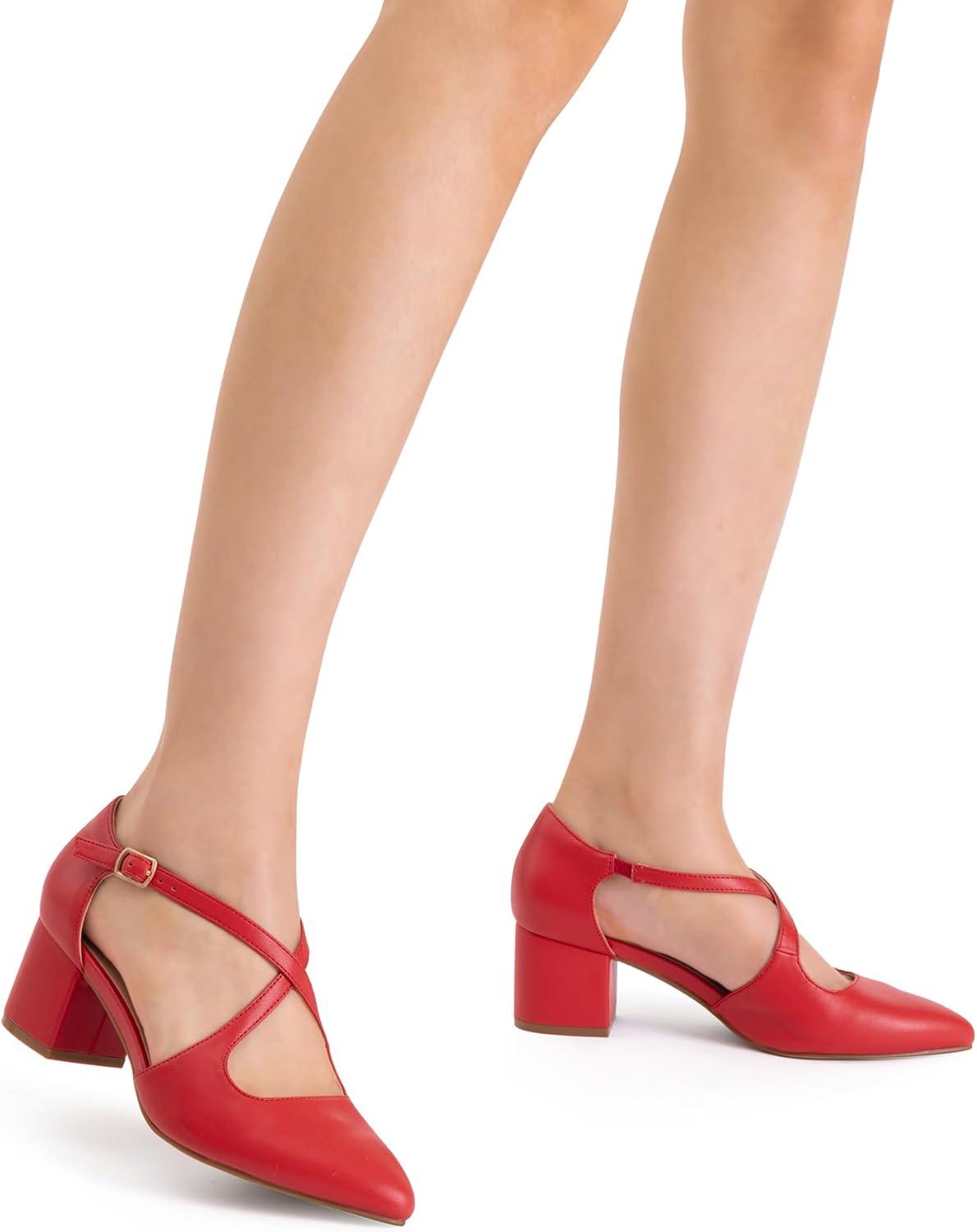 imageDREAM PAIRS Womens Chunky Heels Dress Pumps Closed Pointed Toe Comfort Cross Strap Block Heel Shoes for Party Dance WeddingRedpu