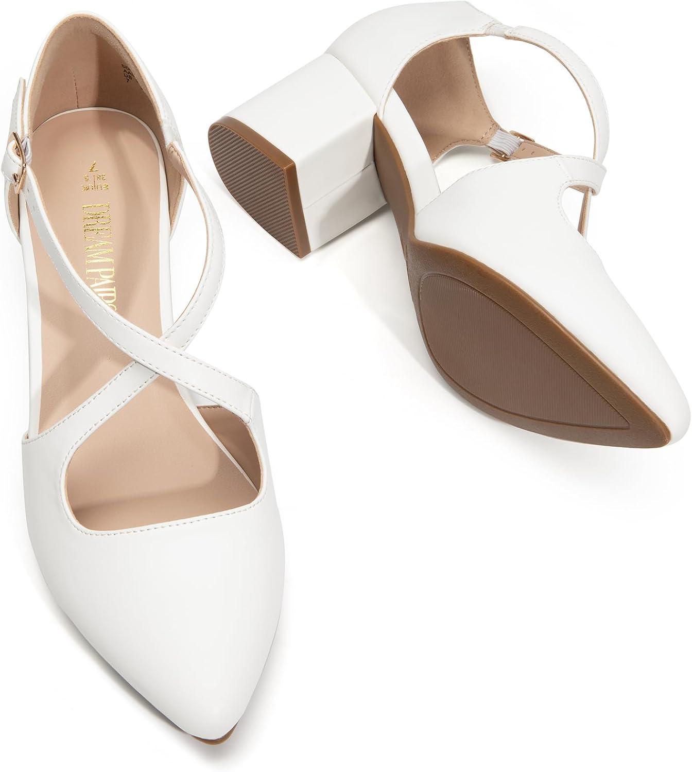 imageDREAM PAIRS Womens Chunky Heels Dress Pumps Closed Pointed Toe Comfort Cross Strap Block Heel Shoes for Party Dance WeddingWhitepu