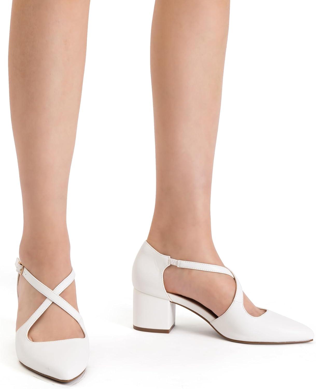 imageDREAM PAIRS Womens Chunky Heels Dress Pumps Closed Pointed Toe Comfort Cross Strap Block Heel Shoes for Party Dance WeddingWhitepu