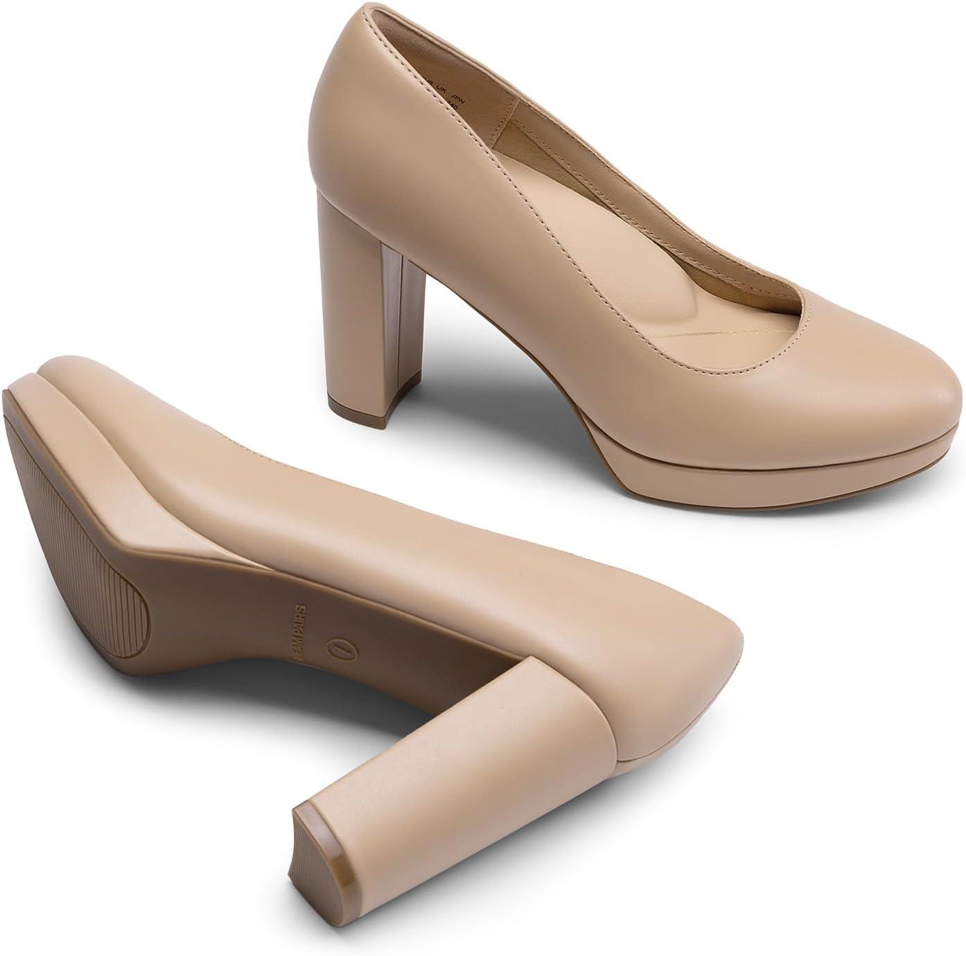 imageDREAM PAIRS Womens Pumps Closed Round Toe Chunky High Heels Platform Work Comfortable Dress Shoes for WomenNudepu