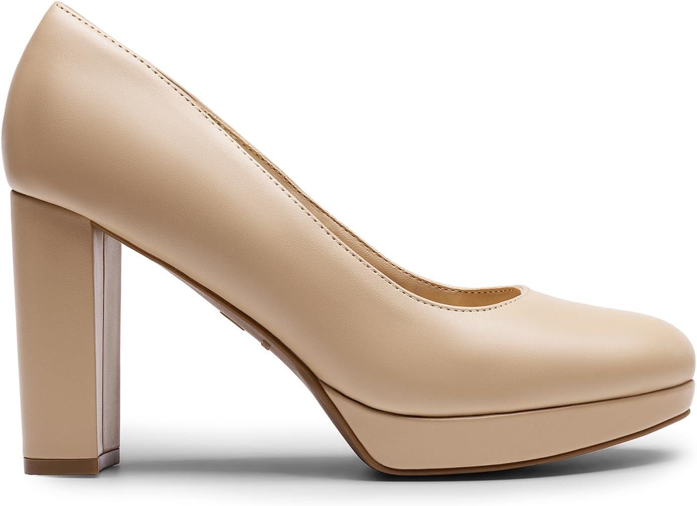 imageDREAM PAIRS Womens Pumps Closed Round Toe Chunky High Heels Platform Work Comfortable Dress Shoes for WomenNudepu