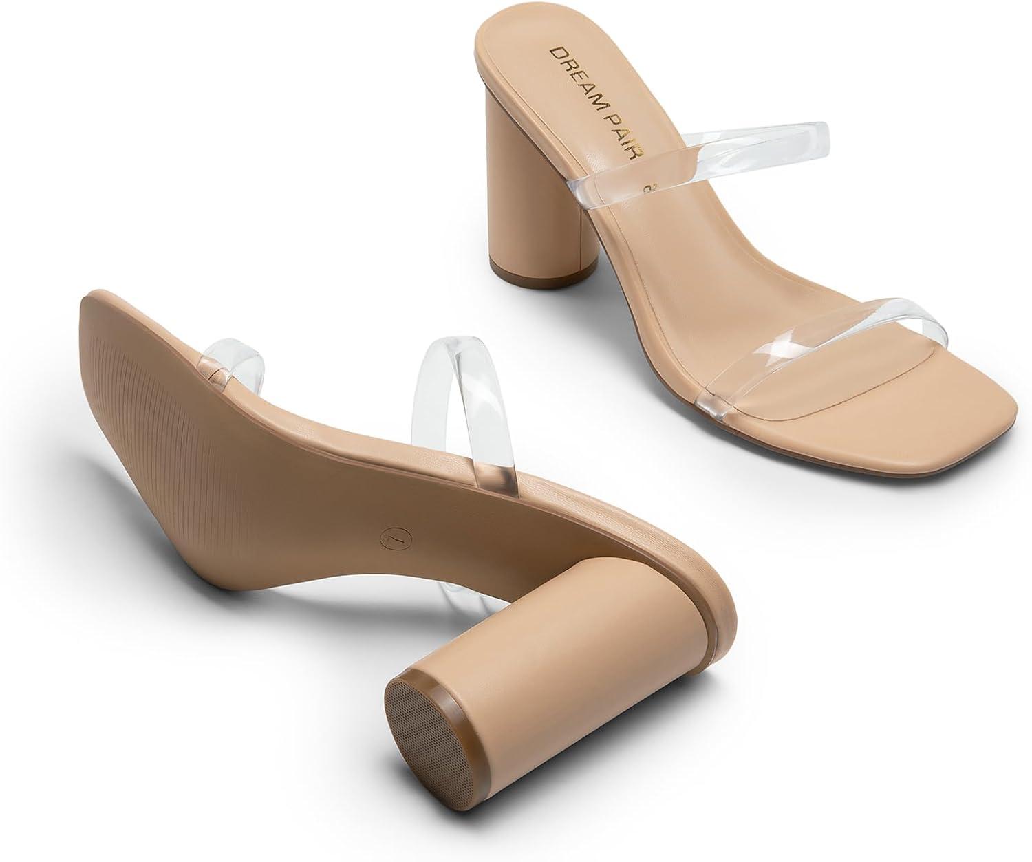 imageDREAM PAIRS Womens Square Open Toe Block Heels Two Strap Slip On High Heeled Slides SandalsClear