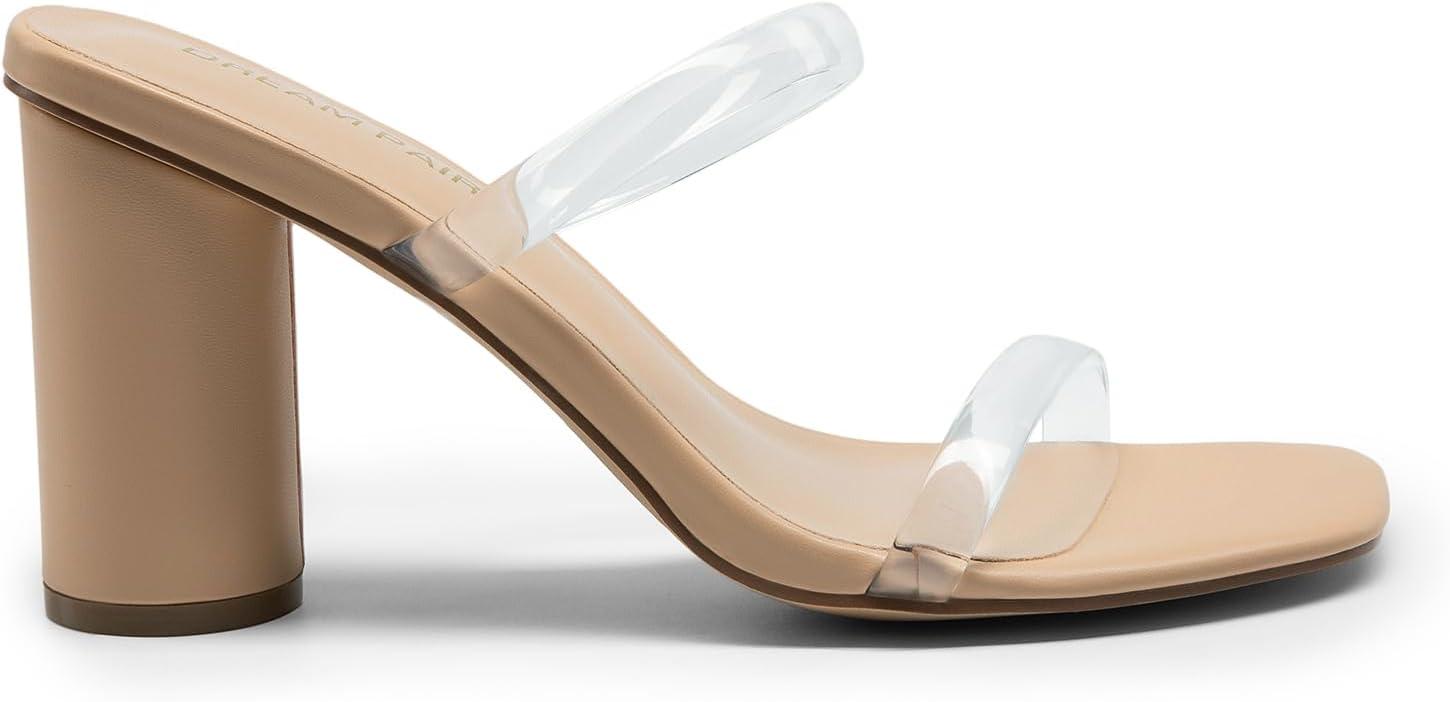 imageDREAM PAIRS Womens Square Open Toe Block Heels Two Strap Slip On High Heeled Slides SandalsClear
