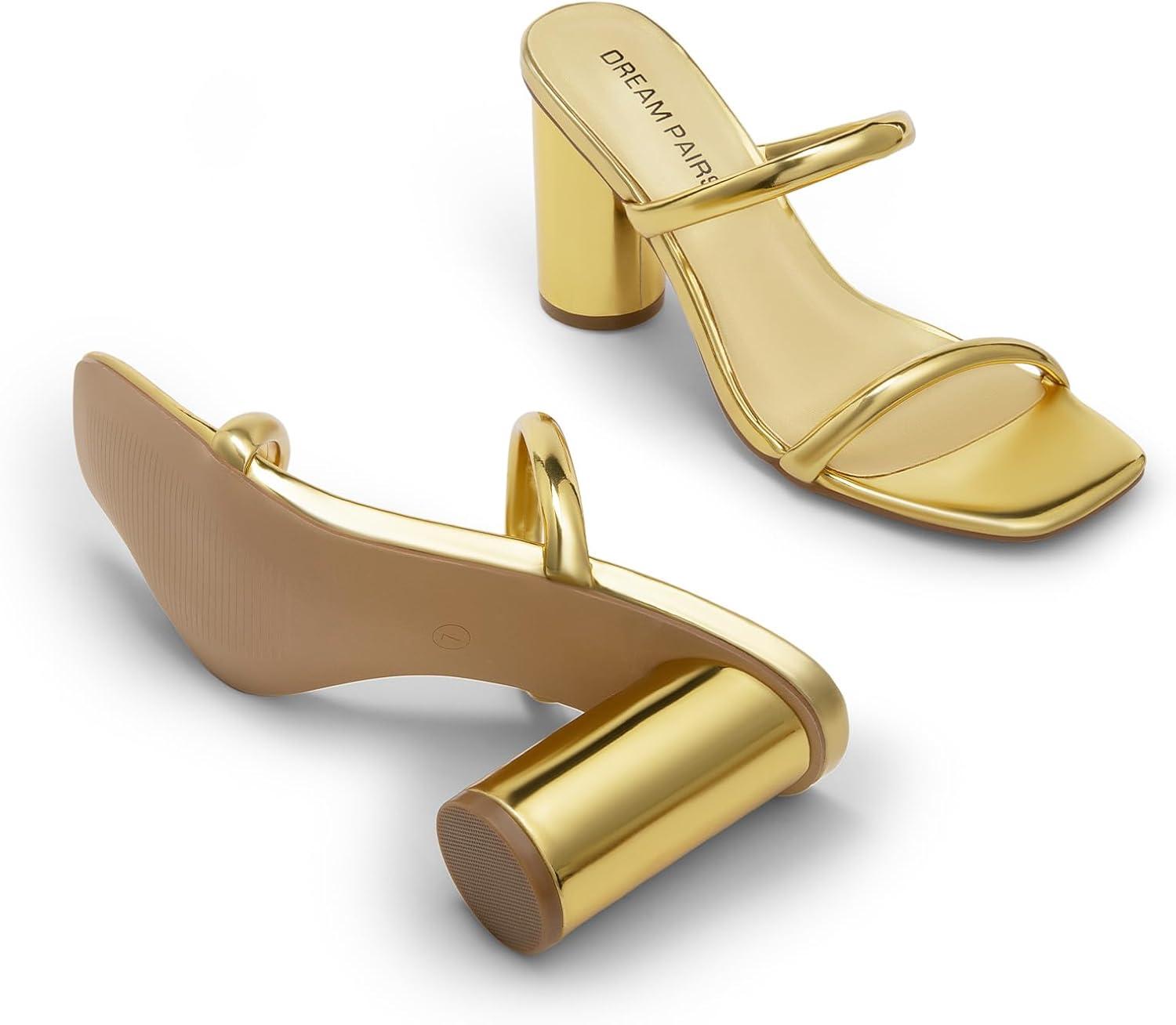 imageDREAM PAIRS Womens Square Open Toe Block Heels Two Strap Slip On High Heeled Slides SandalsGold