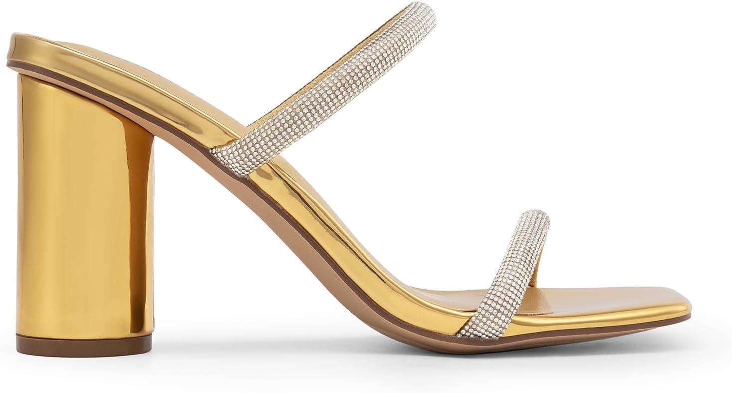 imageDREAM PAIRS Womens Square Open Toe Block Heels Two Strap Slip On High Heeled Slides SandalsGoldrhinestone