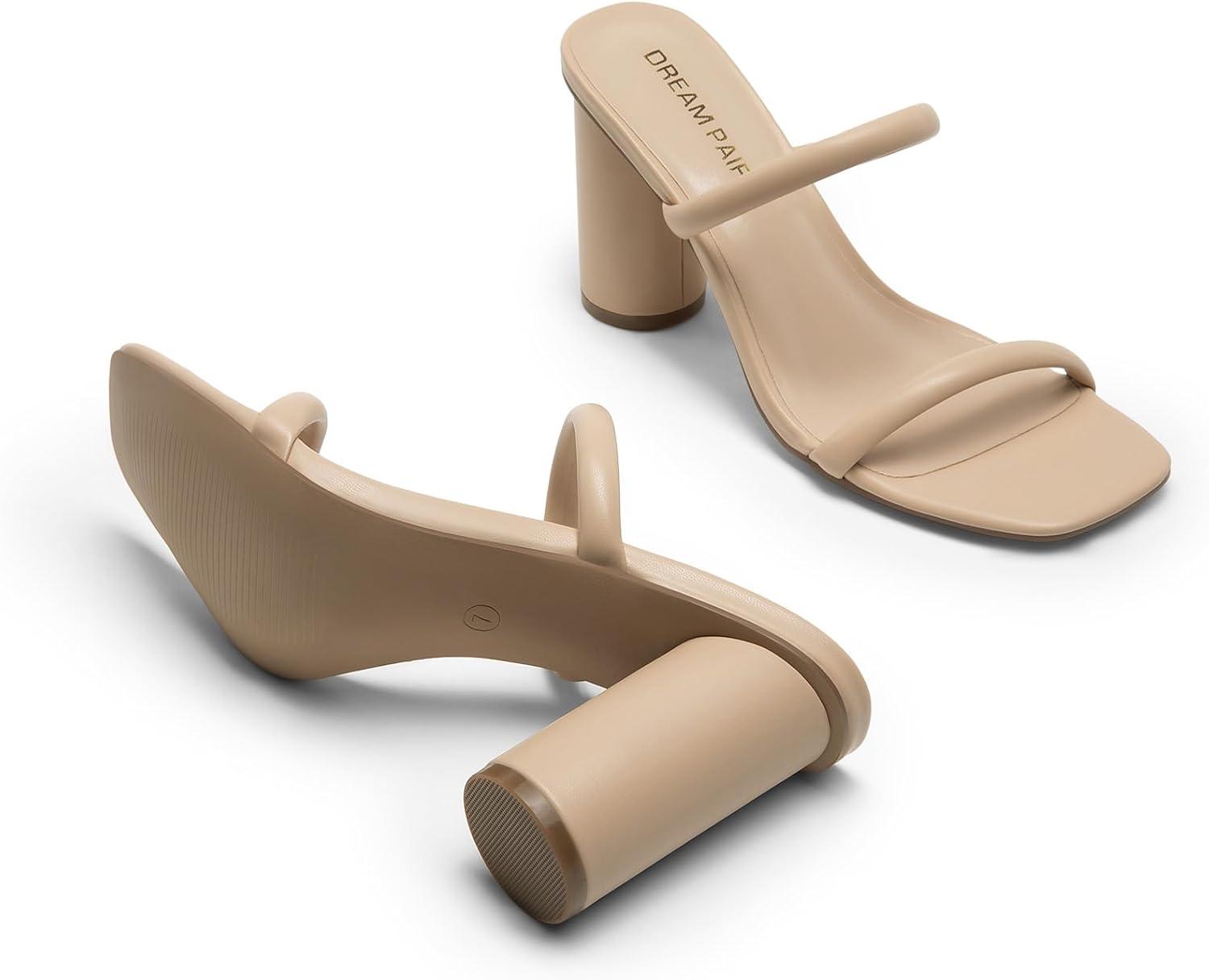imageDREAM PAIRS Womens Square Open Toe Block Heels Two Strap Slip On High Heeled Slides SandalsNude