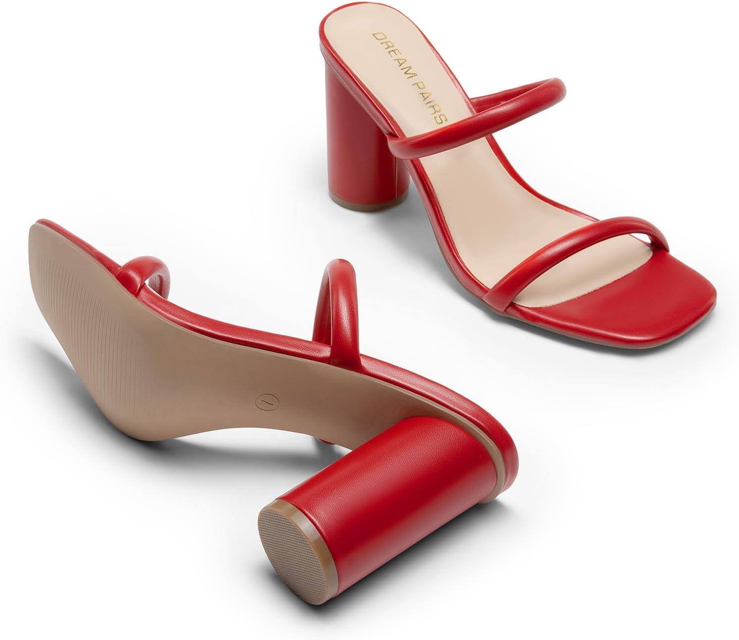 imageDREAM PAIRS Womens Square Open Toe Block Heels Two Strap Slip On High Heeled Slides SandalsRed