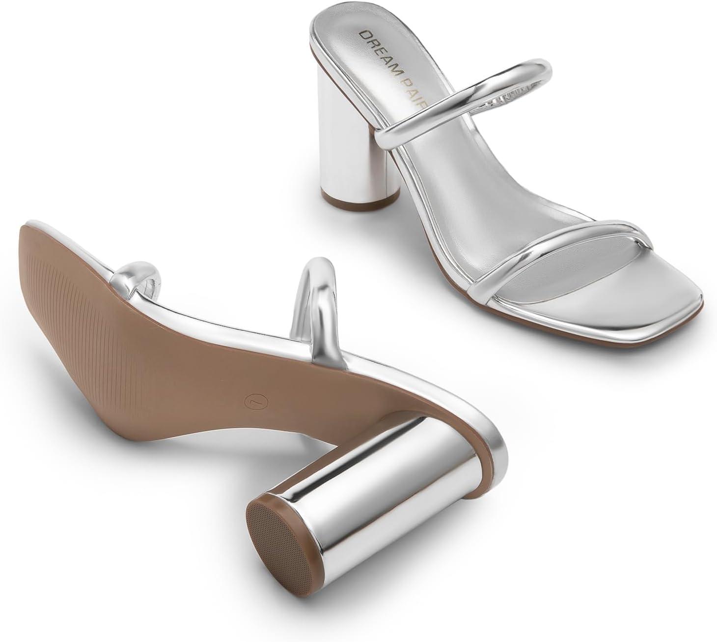 imageDREAM PAIRS Womens Square Open Toe Block Heels Two Strap Slip On High Heeled Slides SandalsSilver