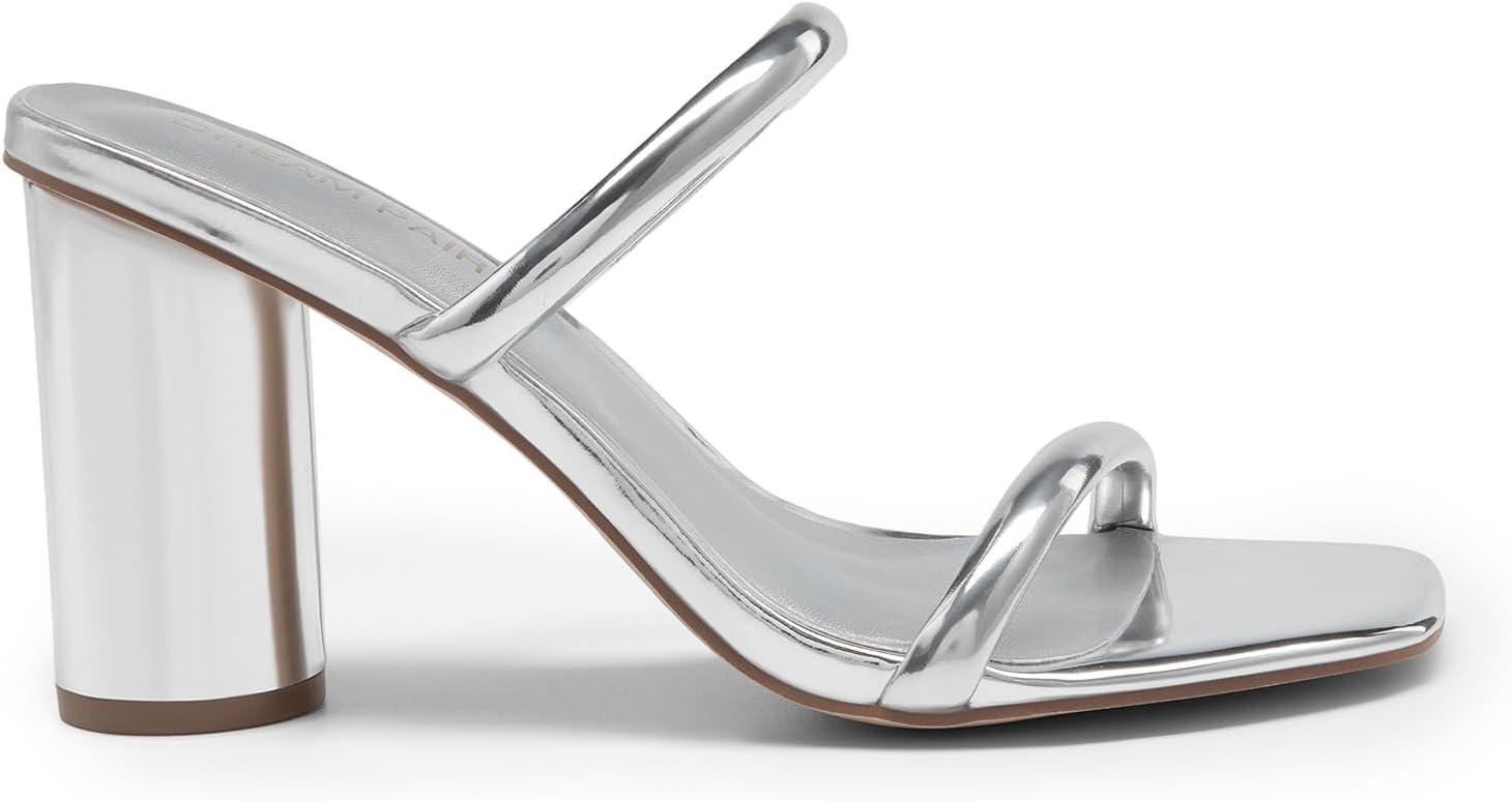 imageDREAM PAIRS Womens Square Open Toe Block Heels Two Strap Slip On High Heeled Slides SandalsSilver