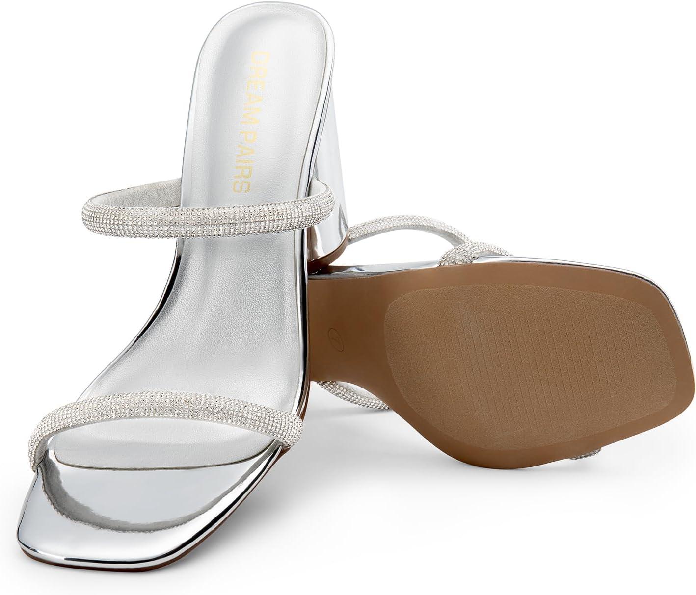 imageDREAM PAIRS Womens Square Open Toe Block Heels Two Strap Slip On High Heeled Slides SandalsSilverrhinestone