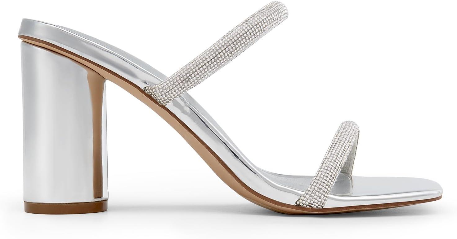 imageDREAM PAIRS Womens Square Open Toe Block Heels Two Strap Slip On High Heeled Slides SandalsSilverrhinestone