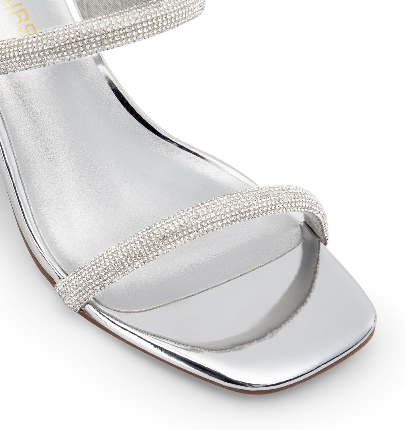 imageDREAM PAIRS Womens Square Open Toe Block Heels Two Strap Slip On High Heeled Slides SandalsSilverrhinestone