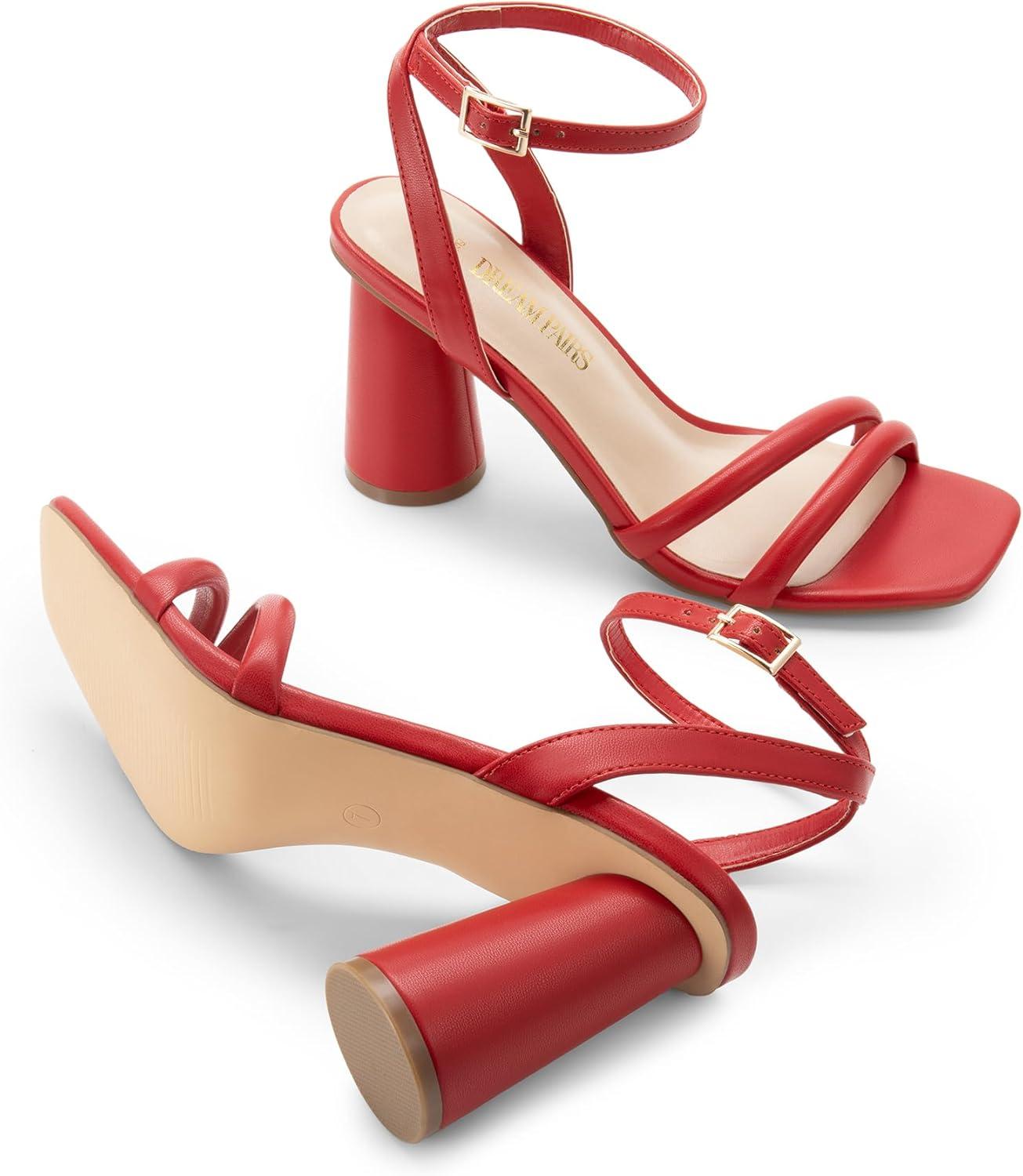 imageDREAM PAIRS Womens Strappy Round Heels Open Square Toe Ankle Strap Party Sandals Dress ShoesRedpu
