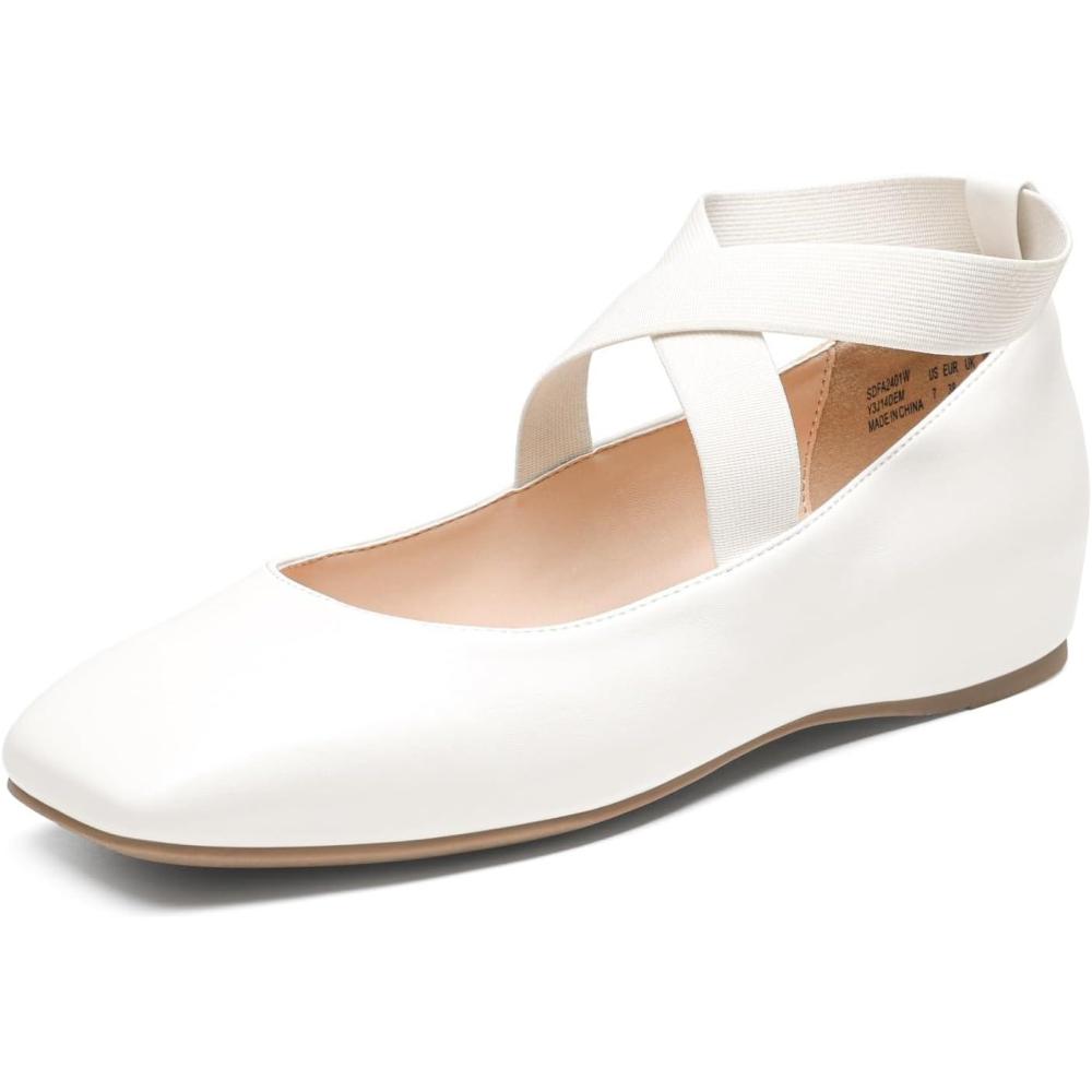 imageDREAM PAIRS Womens Ballet Flats Comfortable SlipOn Square Toe Dress Shoes with Elastic Ankle StrapsWhitepu