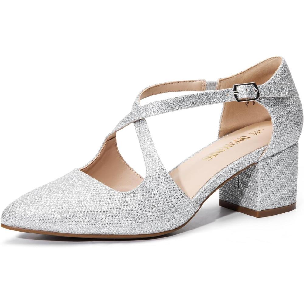 imageDREAM PAIRS Womens Chunky Heels Dress Pumps Closed Pointed Toe Comfort Cross Strap Block Heel Shoes for Party Dance WeddingSilverglitter