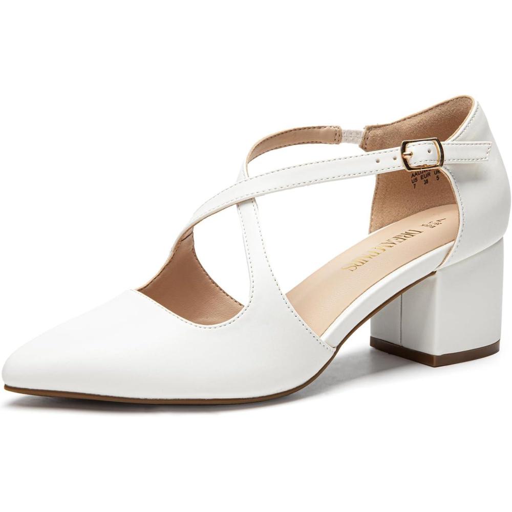 imageDREAM PAIRS Womens Chunky Heels Dress Pumps Closed Pointed Toe Comfort Cross Strap Block Heel Shoes for Party Dance WeddingWhitepu