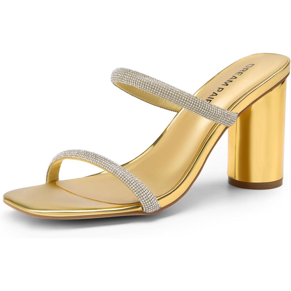 imageDREAM PAIRS Womens Square Open Toe Block Heels Two Strap Slip On High Heeled Slides SandalsGoldrhinestone