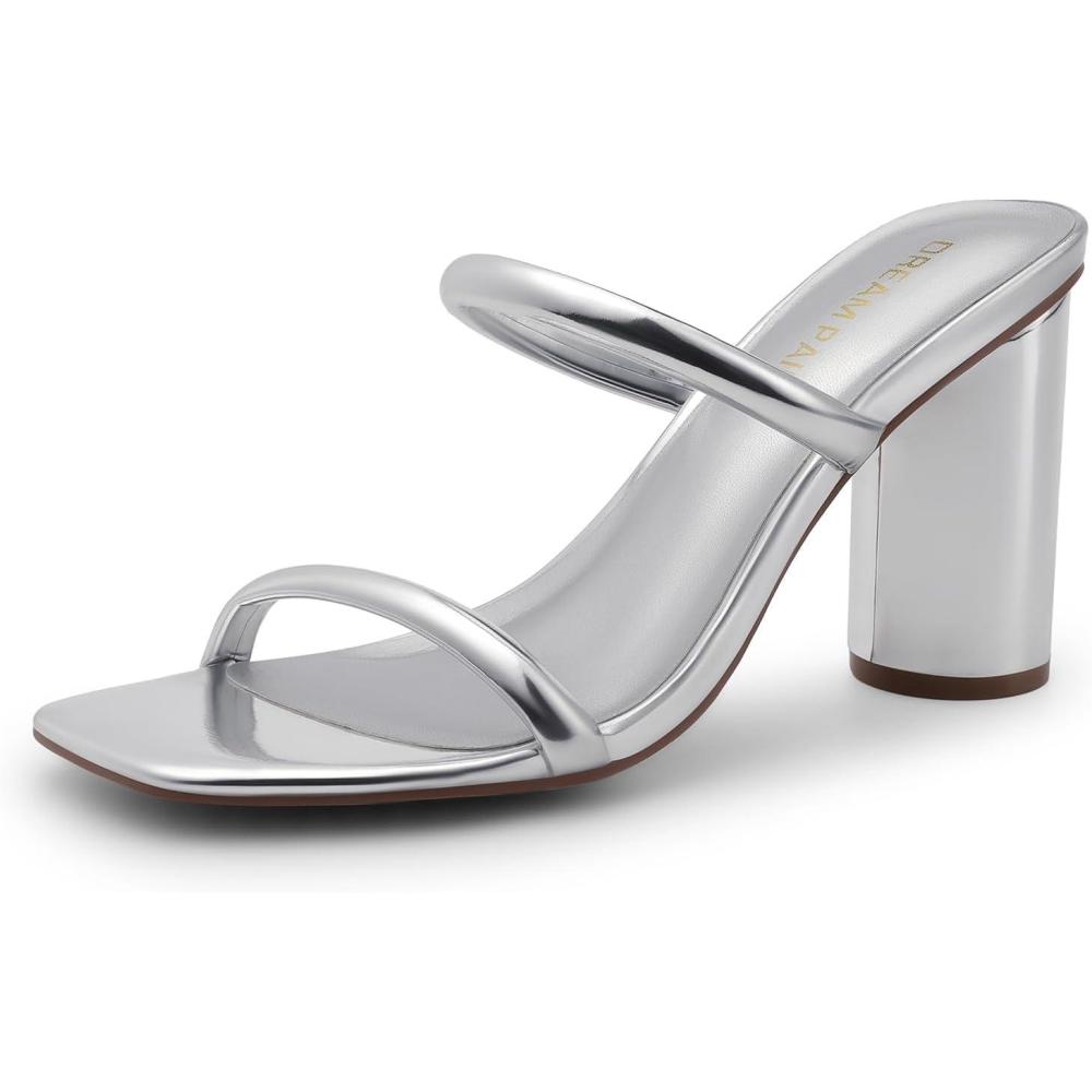 imageDREAM PAIRS Womens Square Open Toe Block Heels Two Strap Slip On High Heeled Slides SandalsSilver