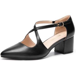 DREAM PAIRS Women’s Chunky Heels Dress Pumps Closed Pointed Toe Comfort Cross Strap Block Heel Shoes for Party Dance Wedding(Black-pu)