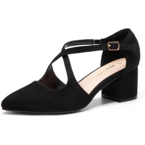 DREAM PAIRS Women’s Chunky Heels Dress Pumps Closed Pointed Toe Comfort Cross Strap Block Heel Shoes for Party Dance Wedding(Black-suede)