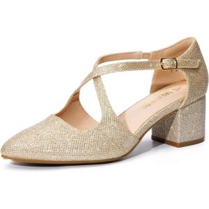 DREAM PAIRS Women’s Chunky Heels Dress Pumps Closed Pointed Toe Comfort Cross Strap Block Heel Shoes for Party Dance Wedding(Gold-glitter)