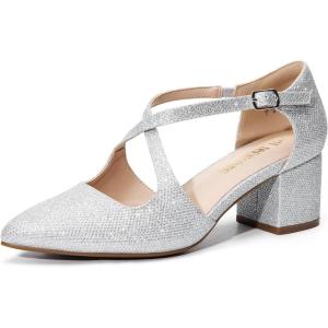 DREAM PAIRS Women’s Chunky Heels Dress Pumps Closed Pointed Toe Comfort Cross Strap Block Heel Shoes for Party Dance Wedding(Silver-glitter)