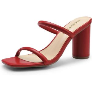 DREAM PAIRS Women’s Square Open Toe Block Heels Two Strap Slip On High Heeled Slides Sandals(Red)