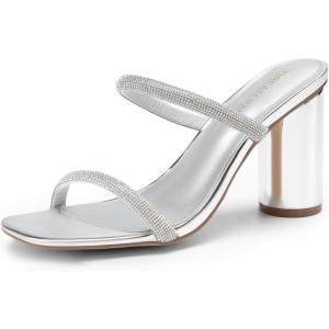 DREAM PAIRS Women’s Square Open Toe Block Heels Two Strap Slip On High Heeled Slides Sandals(Silver-rhinestone)