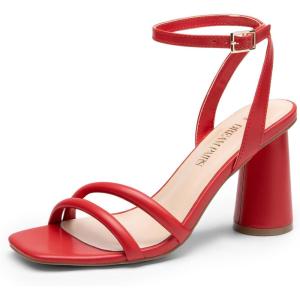 DREAM PAIRS Women’s Strappy Round Heels Open Square Toe Ankle Strap Party Sandals Dress Shoes(Red-pu)