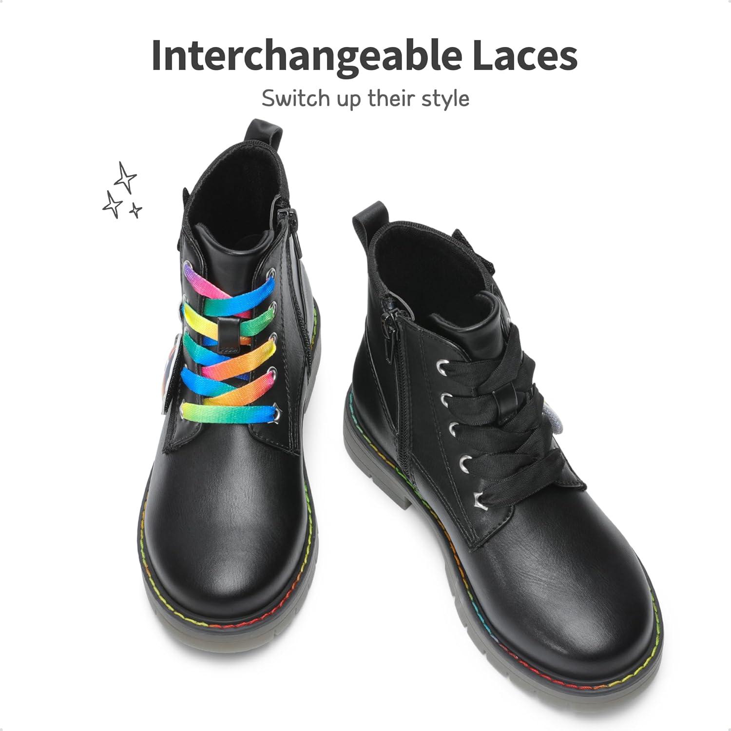 imageDREAM PAIRS Girls Boys Glitter Ankle Boots Side Zipper Combat Shoes with Lace Up for ToddlerLittle KidBig KidBlack Multicolor