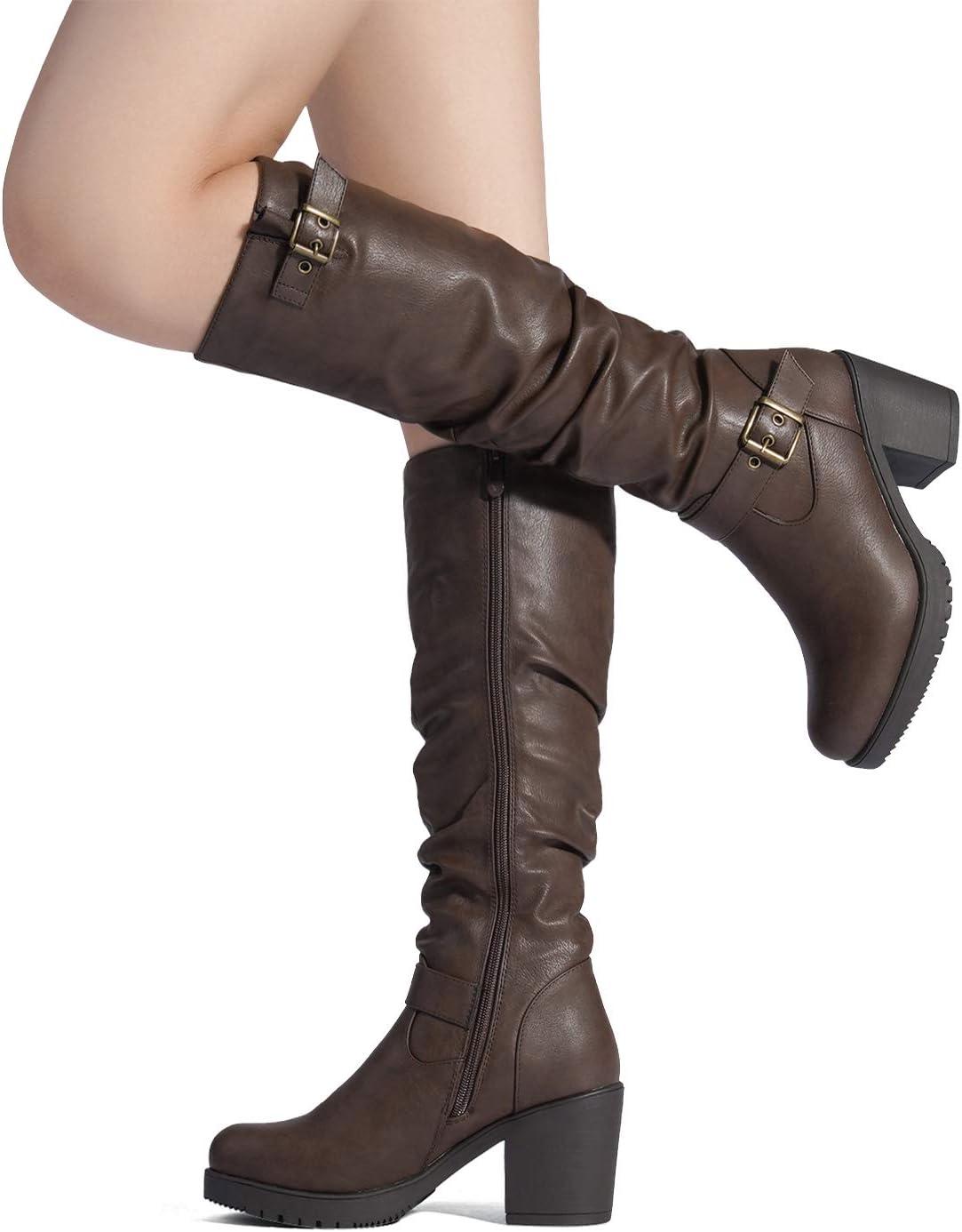 imageDREAM PAIRS Womens Chunky Heel Knee High Boots Side Zipper Round Toe Boots with Faux Fur LiningBrown