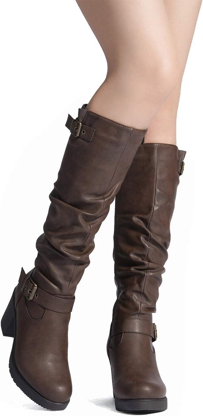 imageDREAM PAIRS Womens Chunky Heel Knee High Boots Side Zipper Round Toe Boots with Faux Fur LiningBrown